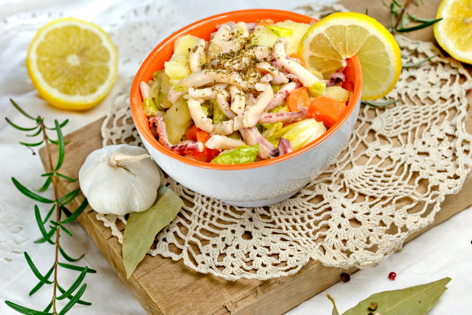 Homemade healthy meal - squid salad (salad with squid)